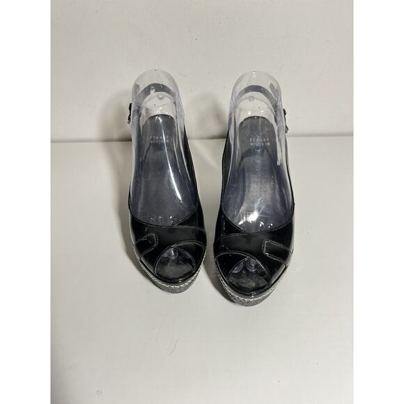 Stuart Weitzman EUC Black Patent Excise Slingback Open Toe Wedge Heel Size 8 M - Picture 2 of 7